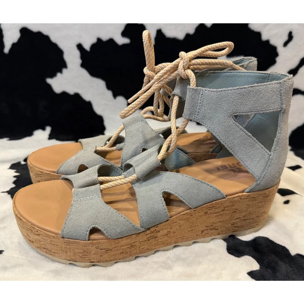 Sorel Joanie III Lace Wedge Sandals Sage Suede Platform NL4626-461 Womens 9